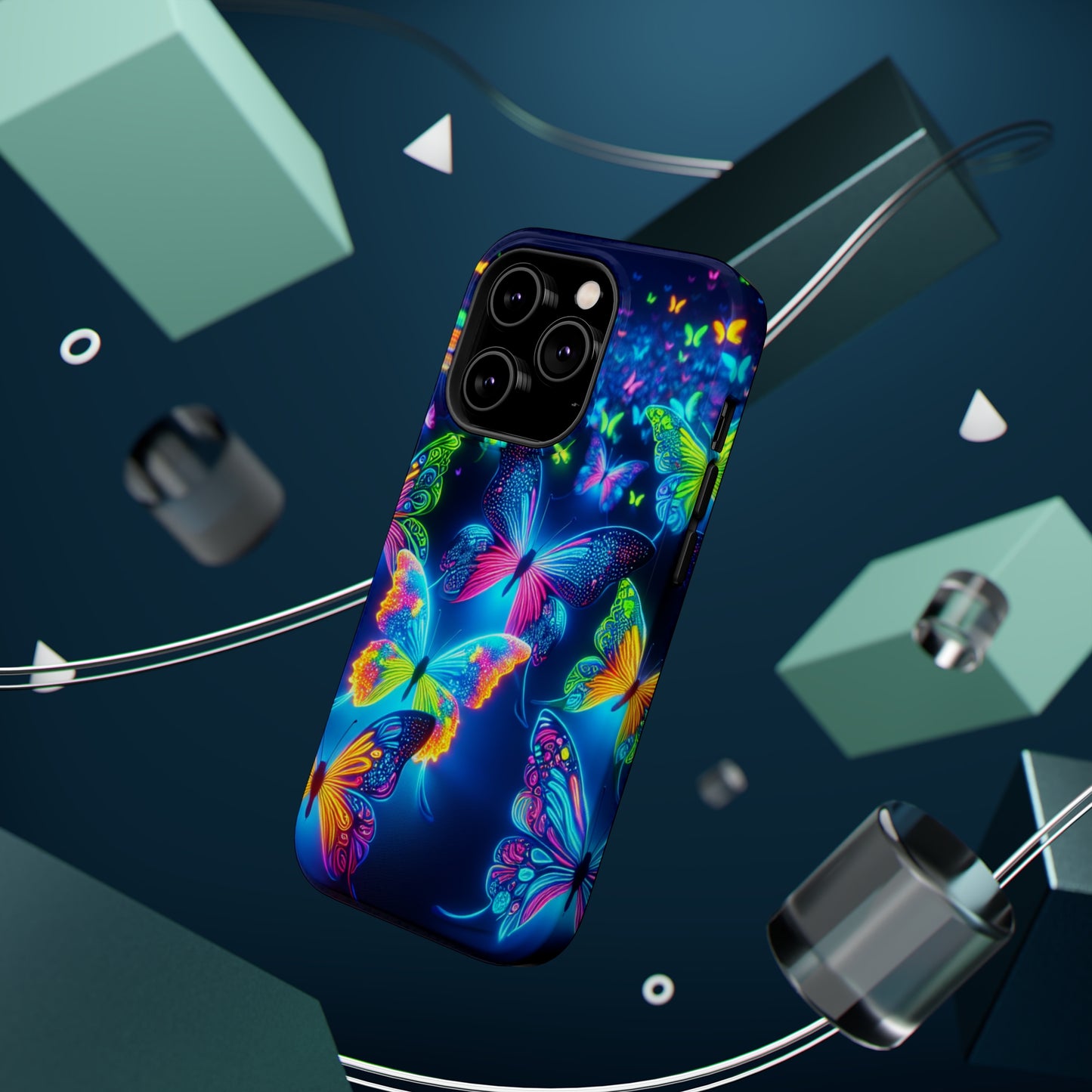 "Atmospheric Fluorescence" Neon Butterflies Premium Art Magsafe Magnet Tough IPhone 13 14 15 Pro Plus Max and Mini in Matte and Glossy Phone cases