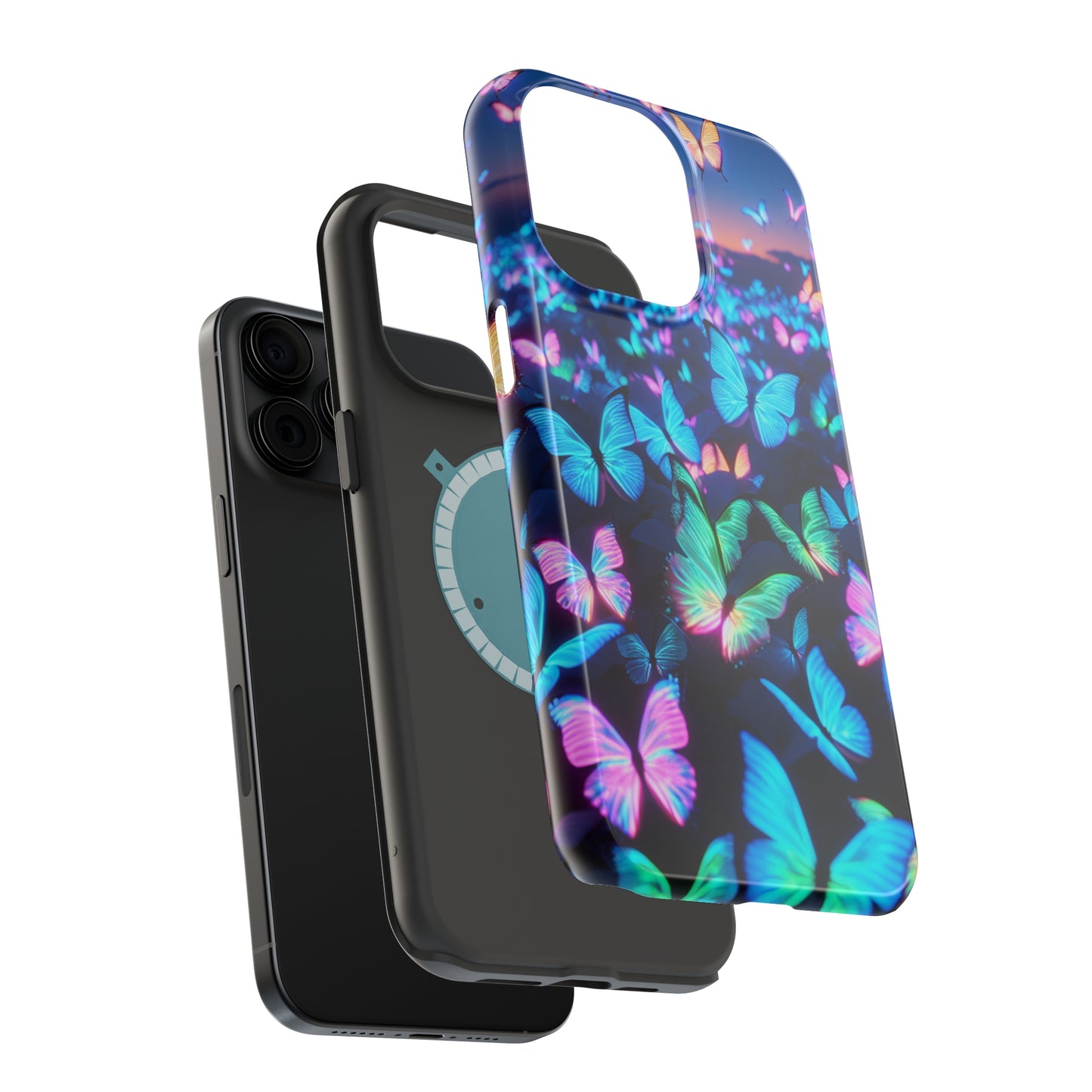 "Fantasia of Neon Butterflies" Neon Butterflies Premium Art Magsafe Magnet Tough IPhone 13 14 15 Pro Plus Max and Mini in Matte and Glossy Phone cases