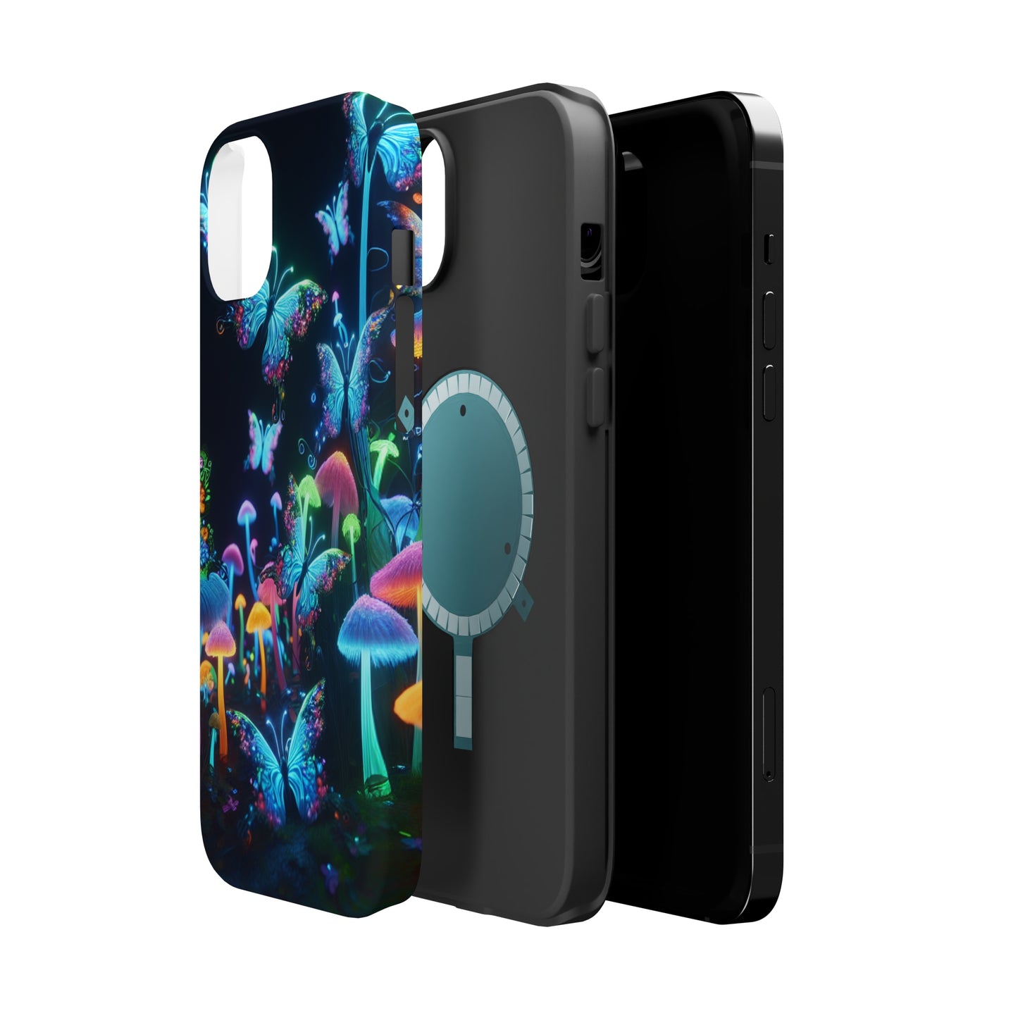 "Neon Dreamscape" Neon Butterflies and Mushrooms Premium Art Magsafe Magnet Tough IPhone 13 14 15 Pro Plus Max and Mini in Matte and Glossy Phone cases