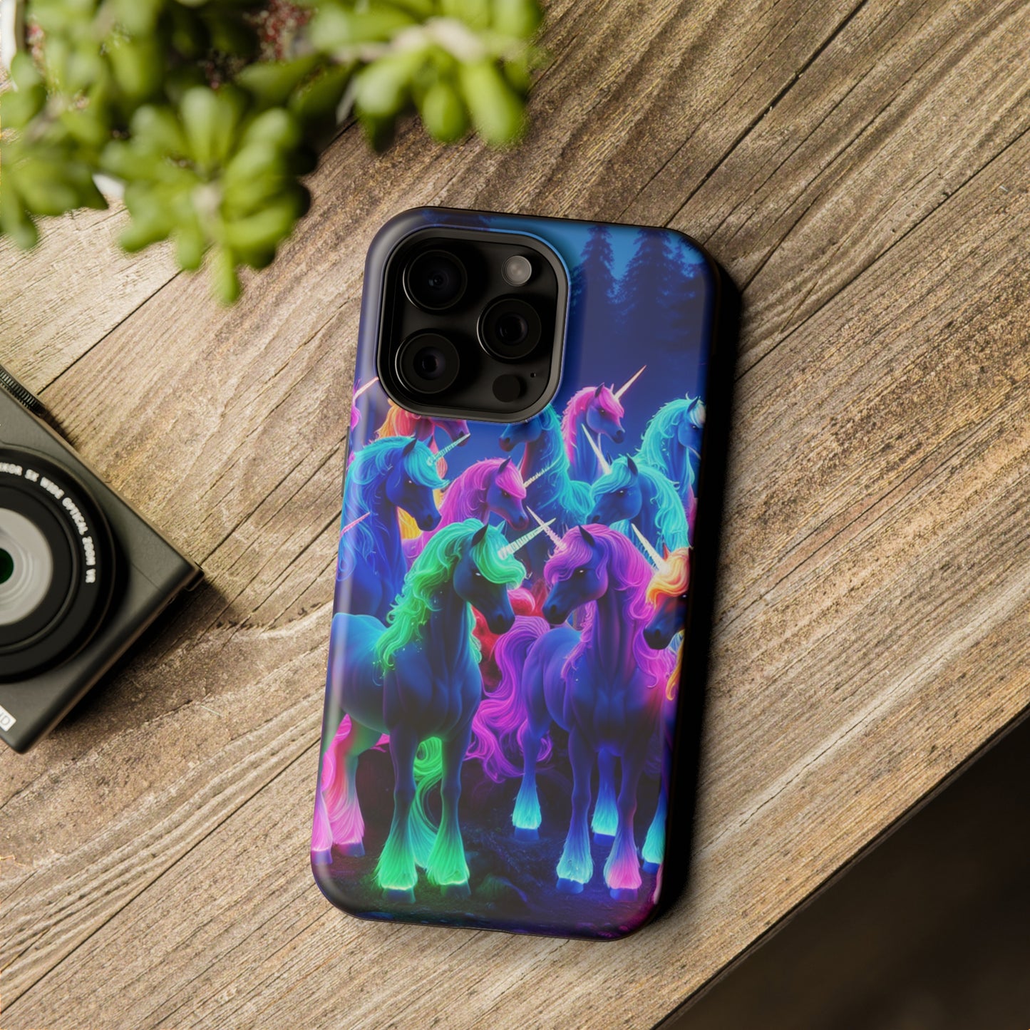 "Neon Fantasyland" Neon Unicorns Premium Art Magsafe Magnet Tough IPhone 13 14 15 Pro Plus Max and Mini in Matte and Glossy Phone cases
