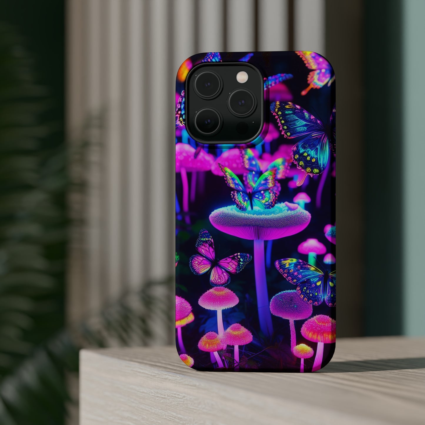 "Neon Gloomsprite Dance" Neon Butterflies and Mushrooms Premium Art Magsafe Magnet Tough IPhone 13 14 15 Pro Plus Max and Mini in Matte and Glossy Phone cases