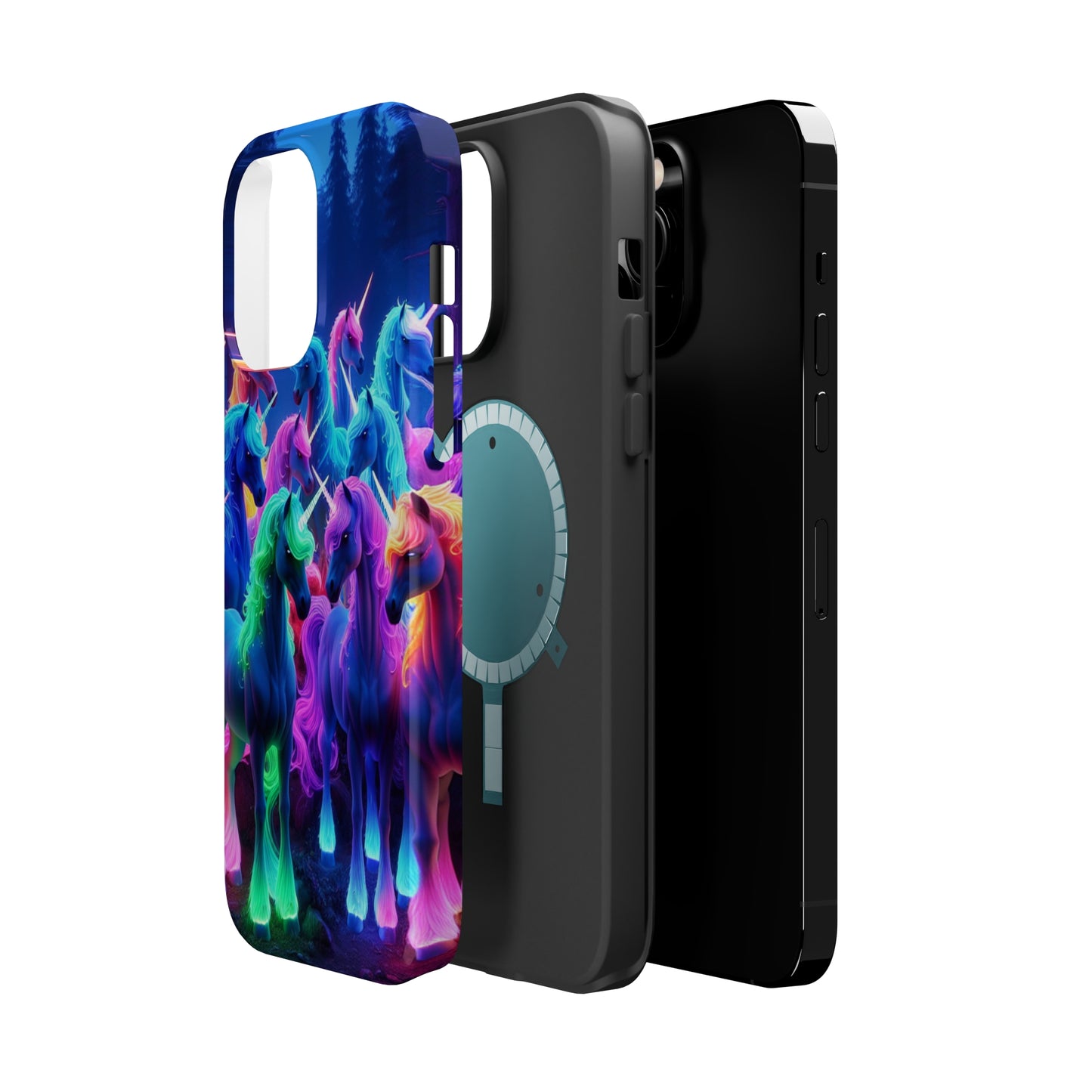 "Neon Fantasyland" Neon Unicorns Premium Art Magsafe Magnet Tough IPhone 13 14 15 Pro Plus Max and Mini in Matte and Glossy Phone cases