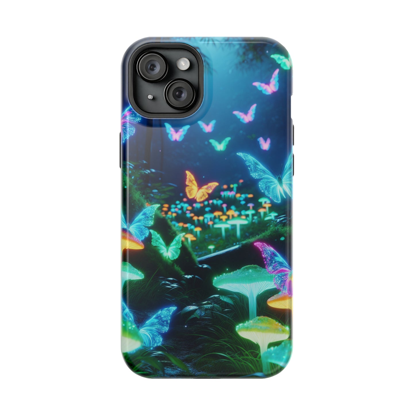"Neon Meadow" Neon Butterflies and Mushrooms Premium Art Magsafe Magnet Tough IPhone 13 14 15 Pro Plus Max and Mini in Matte and Glossy Phone cases