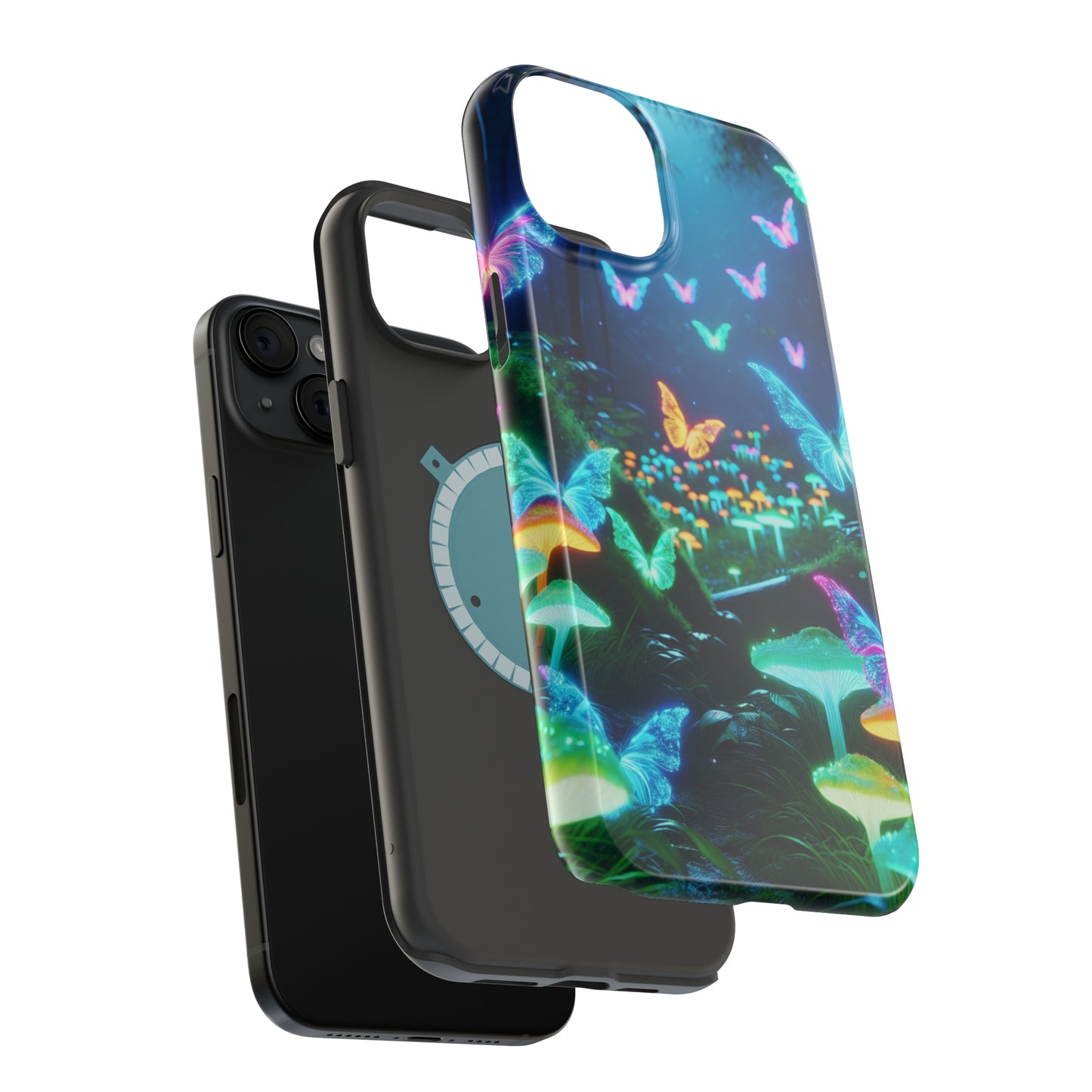 "Neon Meadow" Neon Butterflies and Mushrooms Premium Art Magsafe Magnet Tough IPhone 13 14 15 Pro Plus Max and Mini in Matte and Glossy Phone cases