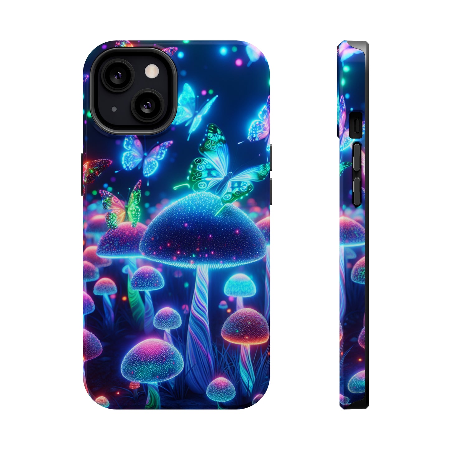 Neon Glitterbug Heaven. Neon Butterflies and Mushrooms Premium Art Magsafe Magnet Tough IPhone 13 14 15 Pro Plus Max and Mini in Matte and Glossy Phone cases
