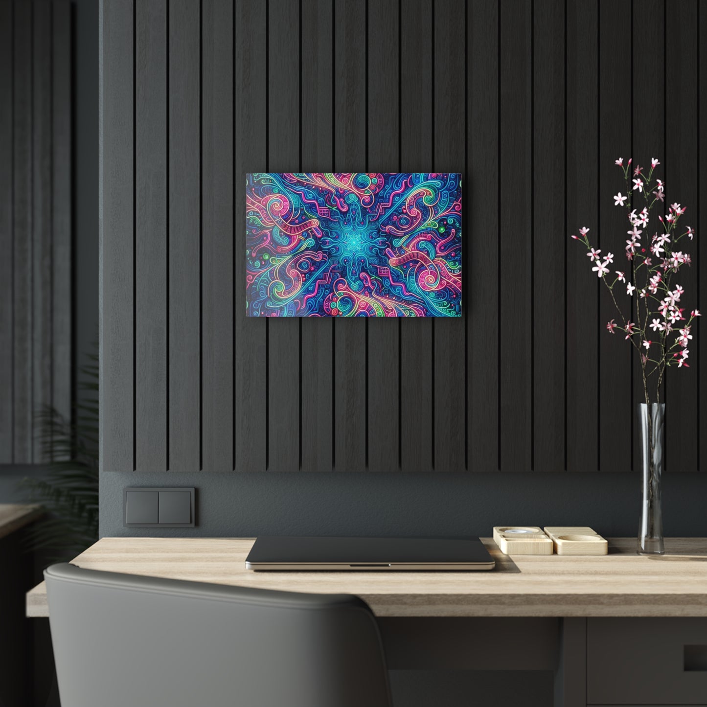 Infinite Tilted Prismatic Neon Transcendence. Trippy infity Pattern 1/4" Glossy Acrylic Art
