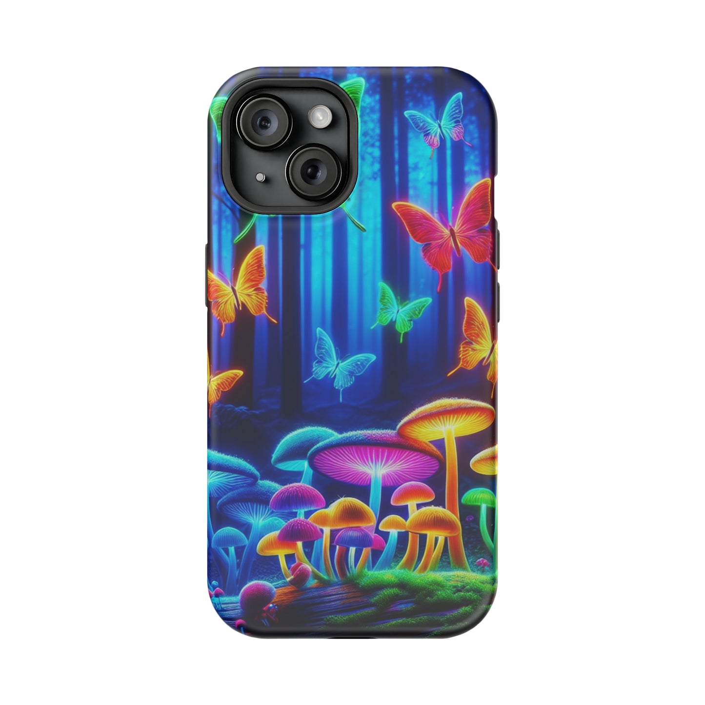 "Neon Garden Delight" Neon Butterflies and Mushrooms Premium Art Magsafe Magnet Tough IPhone 13 14 15 Pro Plus Max and Mini in Matte and Glossy Phone cases
