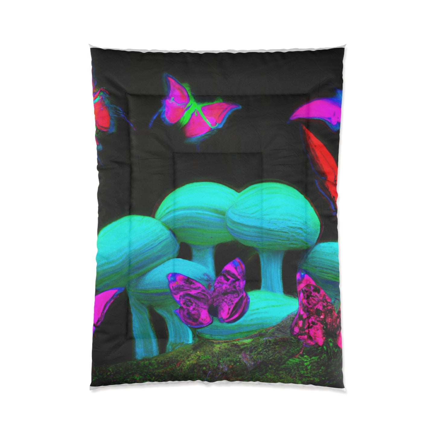 Neon Nature Dreamscape. Butterflies & Mushrooms Comforter Blanket