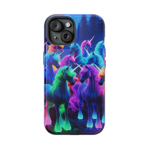 "Neon Fantasyland" Neon Unicorns Premium Art Magsafe Magnet Tough IPhone 13 14 15 Pro Plus Max and Mini in Matte and Glossy Phone cases