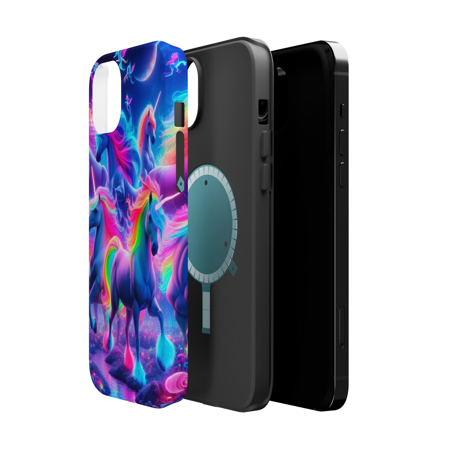 "Unicorn Prism" Neon Unicorns Premium Art Magsafe Magnet Tough IPhone 13 14 15 Pro Plus Max and Mini in Matte and Glossy Phone cases