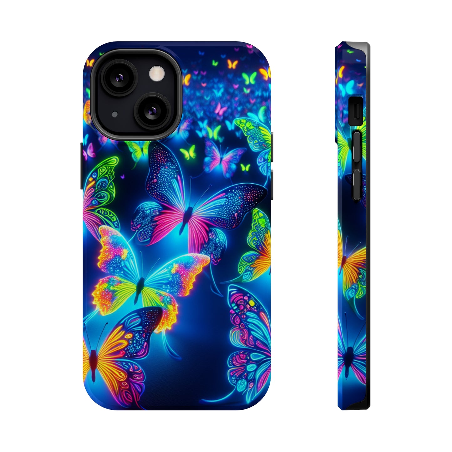 "Atmospheric Fluorescence" Neon Butterflies Premium Art Magsafe Magnet Tough IPhone 13 14 15 Pro Plus Max and Mini in Matte and Glossy Phone cases