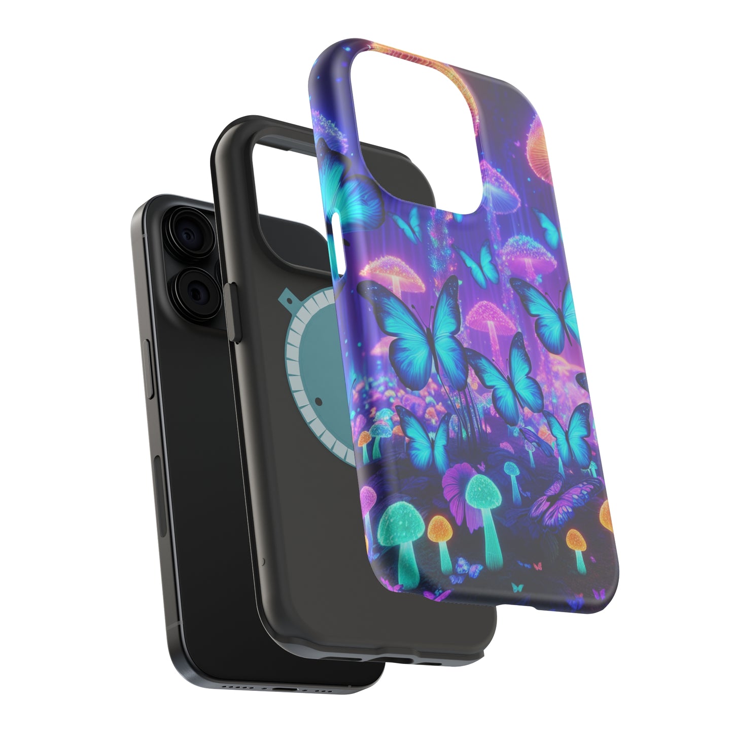 Neon Delight Landscape Neon Butterflies and Mushrooms Premium Art Magsafe Magnet Tough IPhone 13 14 15 Pro Plus Max and Mini in Matte and Glossy Phone cases