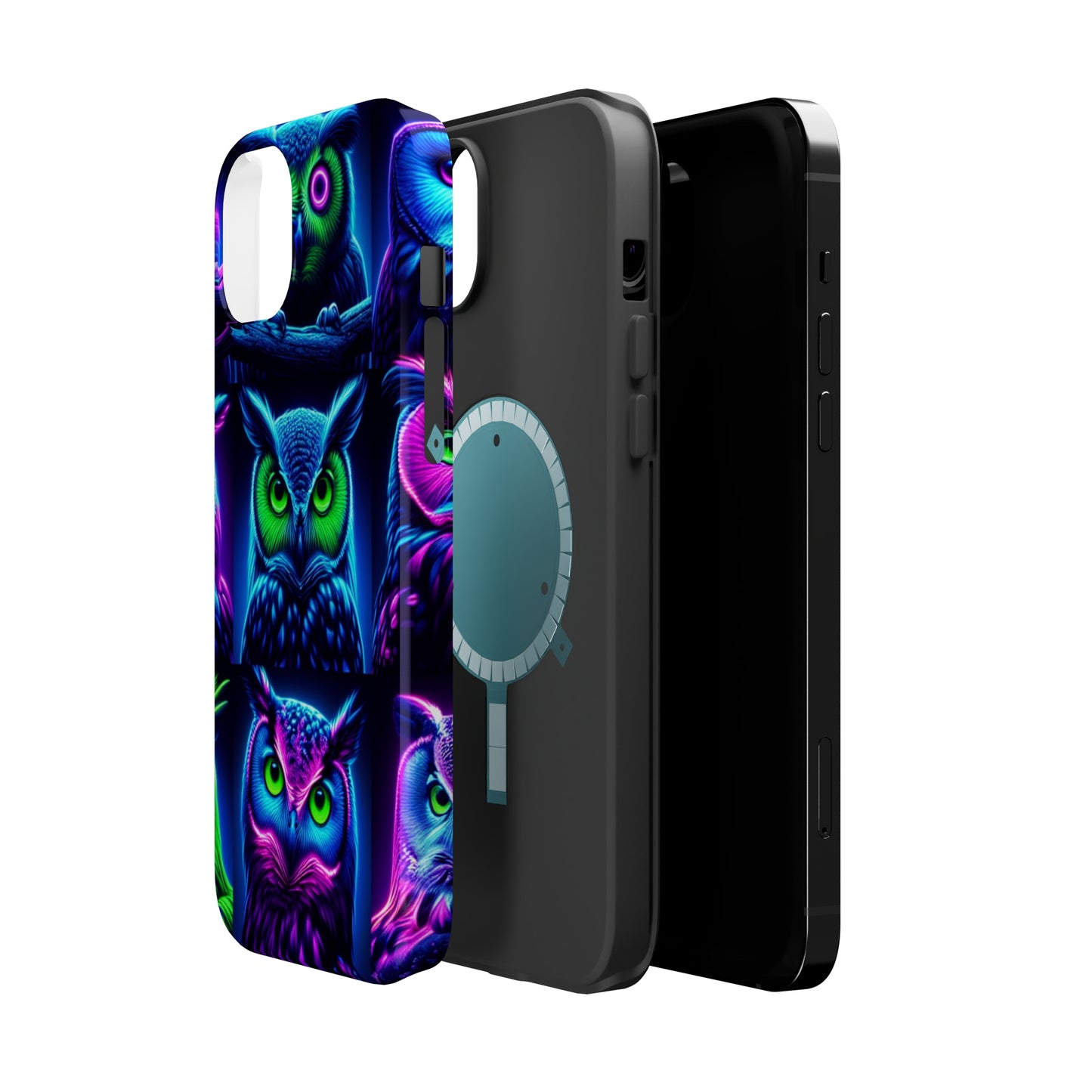 "Neon Nocturne" Neon Owls Premium Art Magsafe Magnet Tough IPhone 13 14 15 Pro Plus Max and Mini in Matte and Glossy Phone cases
