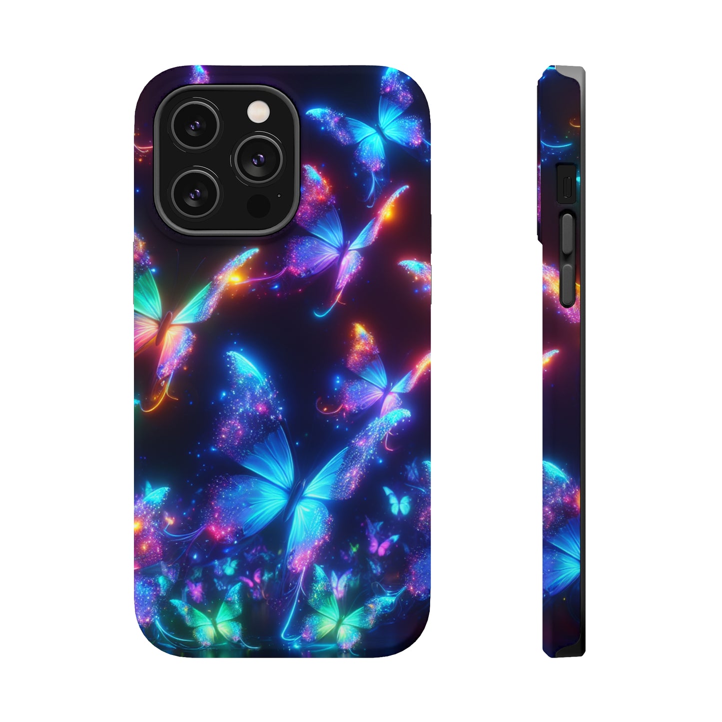 "Electrically Vivid Reverie" Neon Butterflies Premium Art Magsafe Magnet Tough IPhone 13 14 15 Pro Plus Max and Mini in Matte and Glossy Phone cases