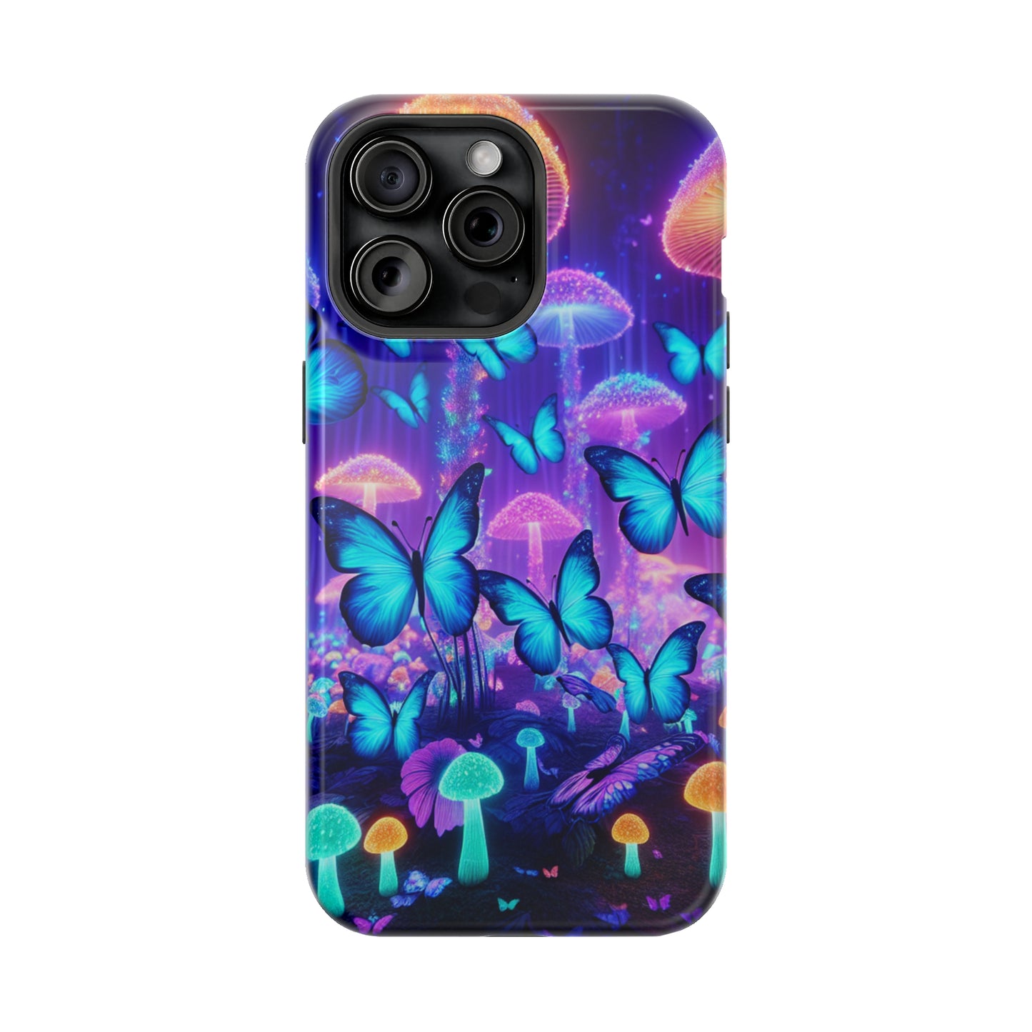 Neon Delight Landscape Neon Butterflies and Mushrooms Premium Art Magsafe Magnet Tough IPhone 13 14 15 Pro Plus Max and Mini in Matte and Glossy Phone cases