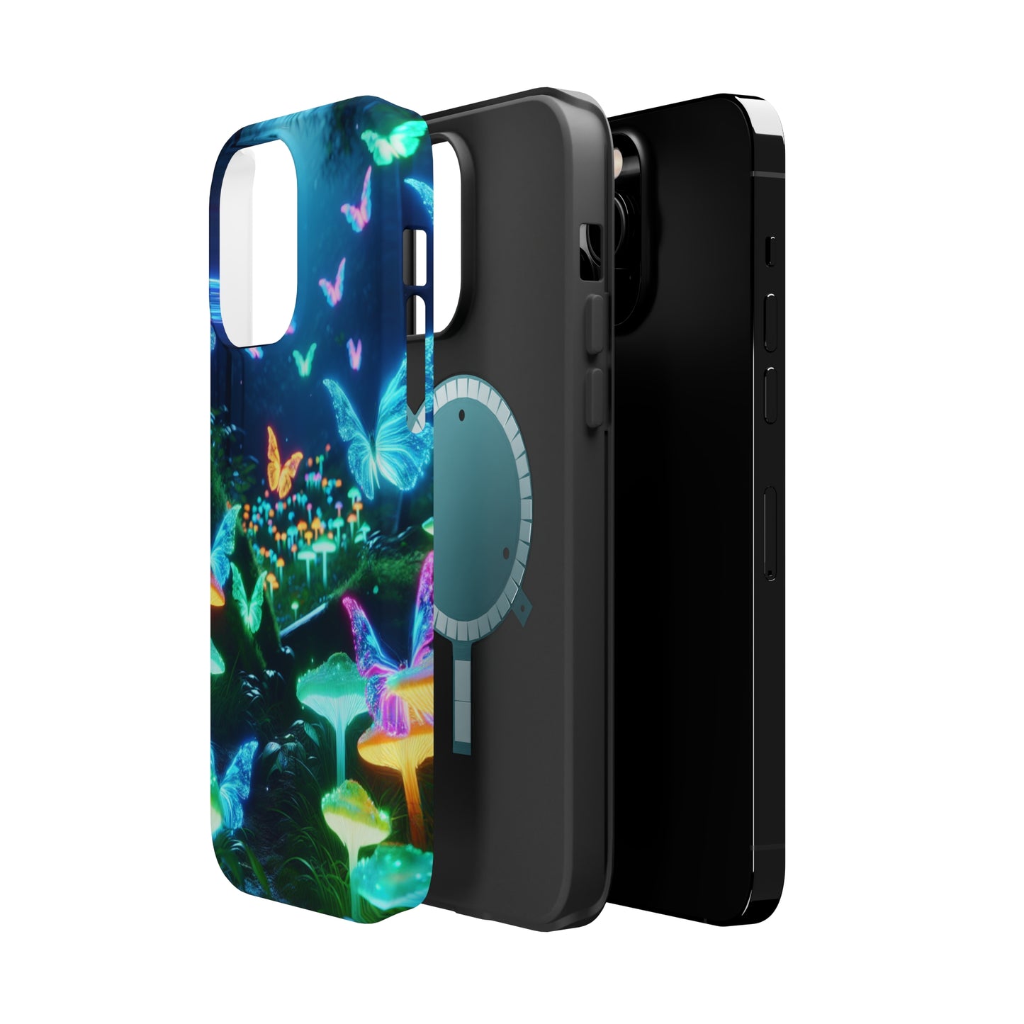 "Neon Meadow" Neon Butterflies and Mushrooms Premium Art Magsafe Magnet Tough IPhone 13 14 15 Pro Plus Max and Mini in Matte and Glossy Phone cases