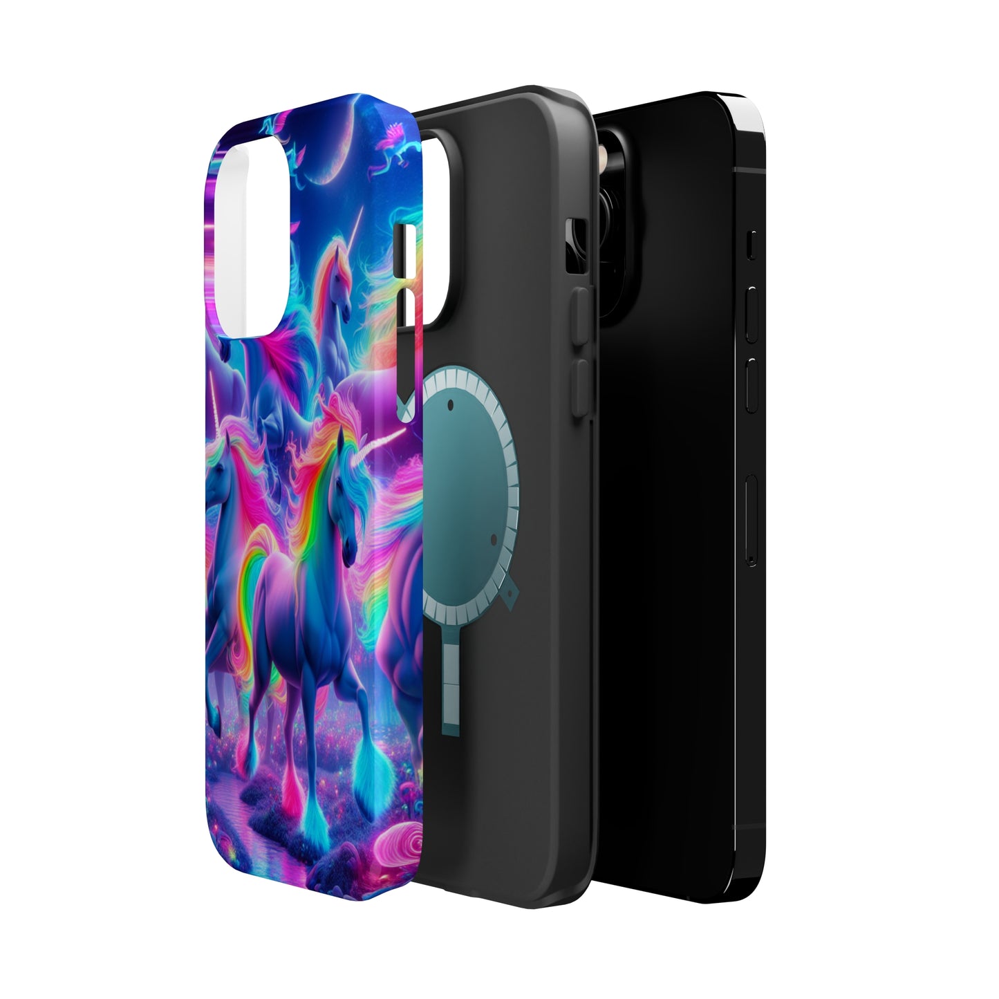 "Unicorn Prism" Neon Unicorns Premium Art Magsafe Magnet Tough IPhone 13 14 15 Pro Plus Max and Mini in Matte and Glossy Phone cases