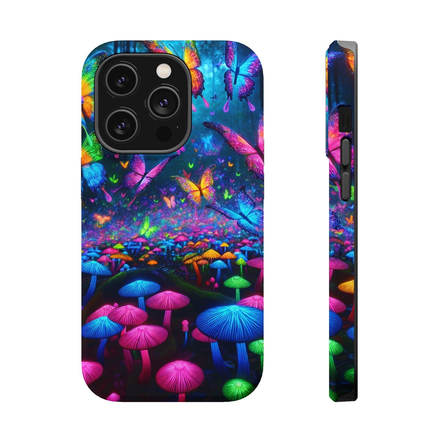 Neon Fruition Neon Butterflies and Mushrooms Premium Art Magsafe Magnet Tough IPhone 13 14 15 Pro Plus Max and Mini in Matte and Glossy Phone cases