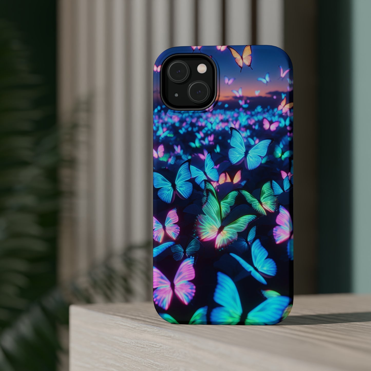 "Fantasia of Neon Butterflies" Neon Butterflies Premium Art Magsafe Magnet Tough IPhone 13 14 15 Pro Plus Max and Mini in Matte and Glossy Phone cases