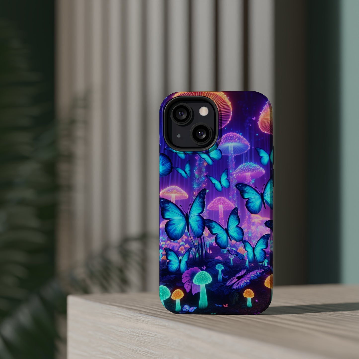 Neon Delight Landscape Neon Butterflies and Mushrooms Premium Art Magsafe Magnet Tough IPhone 13 14 15 Pro Plus Max and Mini in Matte and Glossy Phone cases