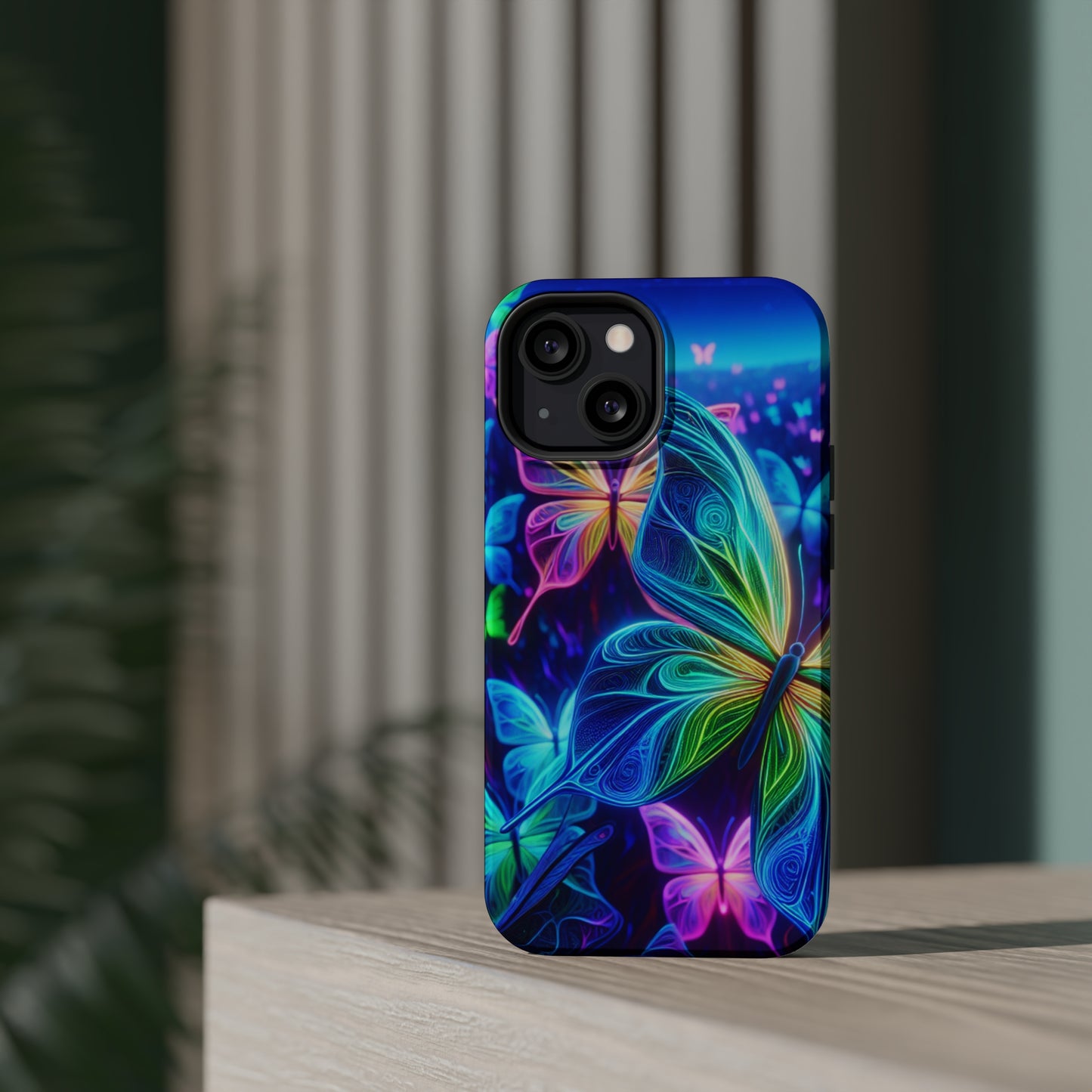 'Serene Spectacle of Neon Butterflies' Neon Butterflies Premium Art Magsafe Magnet Tough IPhone 13 14 15 Pro Plus Max and Mini in Matte and Glossy Phone cases