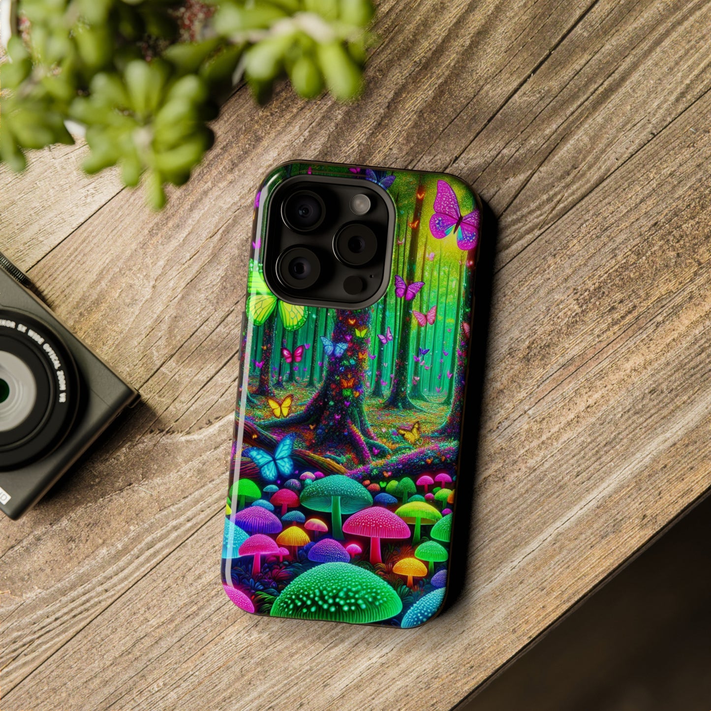 "Neon Garden Symphony". Neon Butterflies and Mushrooms Premium Art Magsafe Magnet Tough IPhone 13 14 15 Pro Plus Max and Mini in Matte and Glossy Phone cases