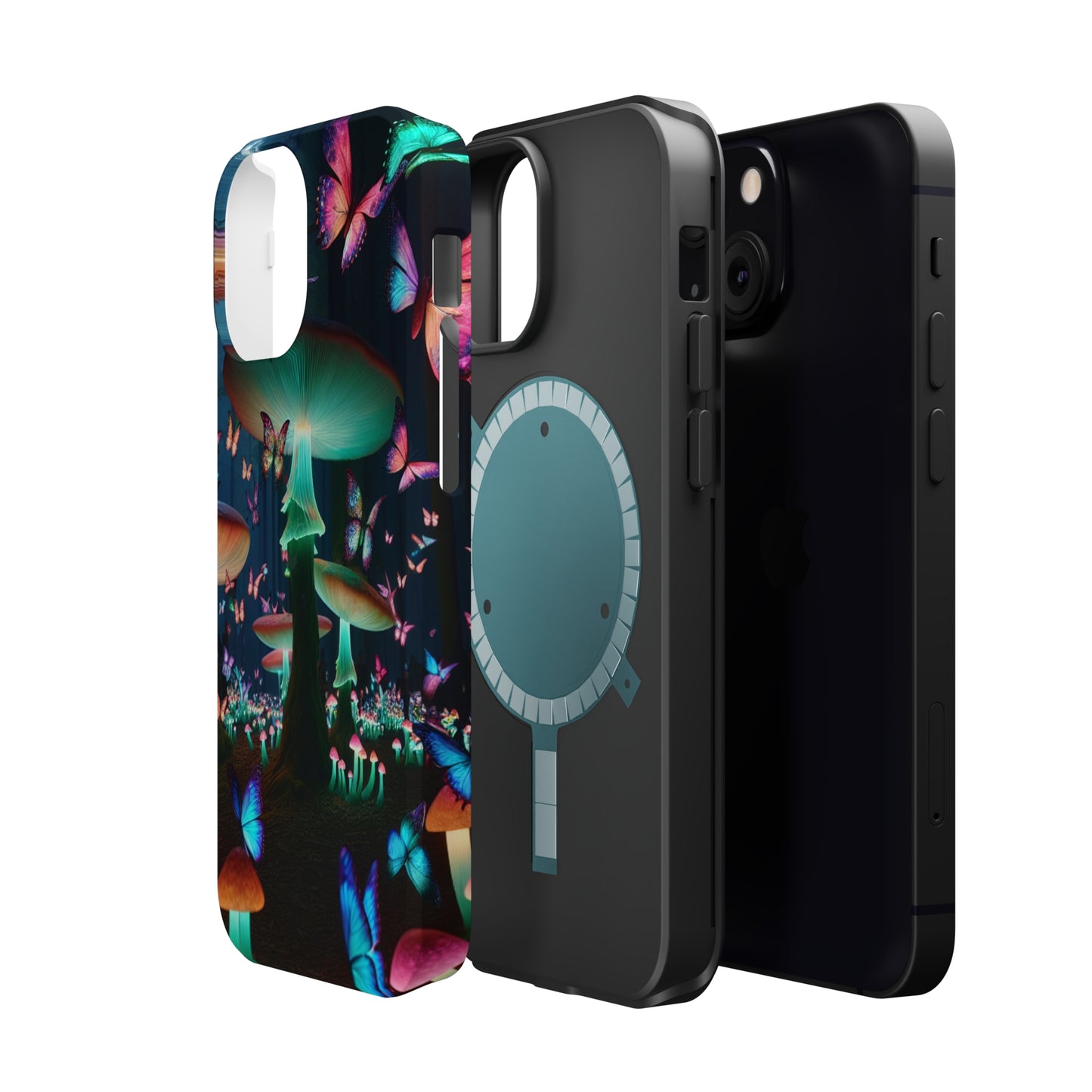 Neon Garden Delight. Neon Butterflies and Mushrooms Premium Art Magsafe Magnet Tough IPhone 13 14 15 Pro Plus Max and Mini in Matte and Glossy Phone cases