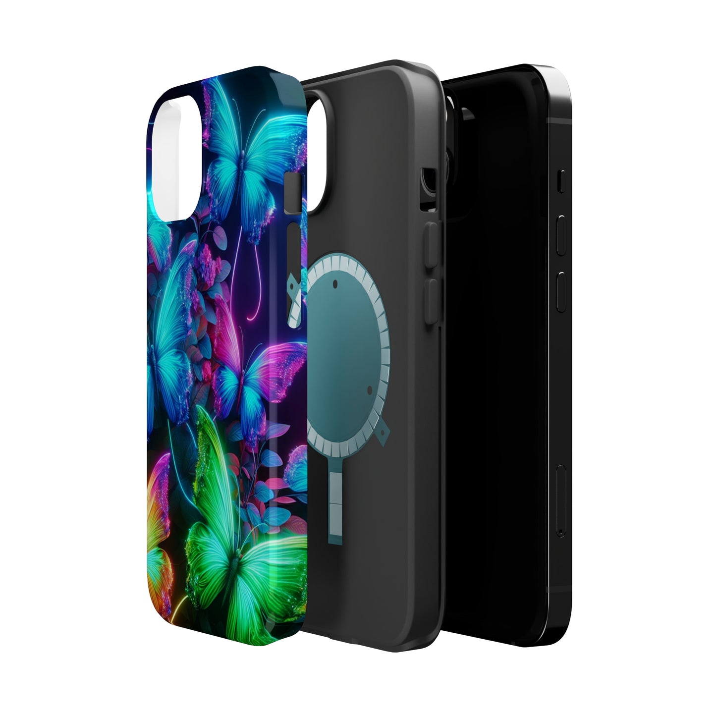 Neon Flutter Symphony Neon Butterflies Premium Art Magsafe Magnet Tough IPhone 13 14 15 Pro Plus Max and Mini in Matte and Glossy Phone cases
