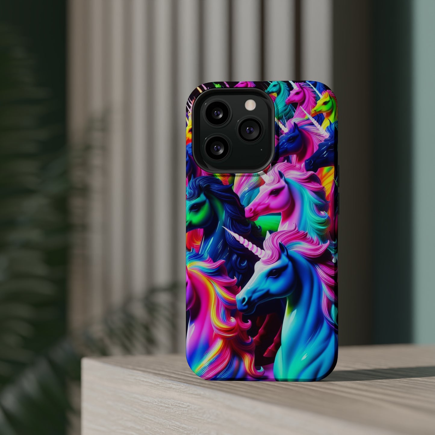 "Neon Illumination" Neon Unicorns Premium Art Magsafe Magnet Tough IPhone 13 14 15 Pro Plus Max and Mini in Matte and Glossy Phone cases