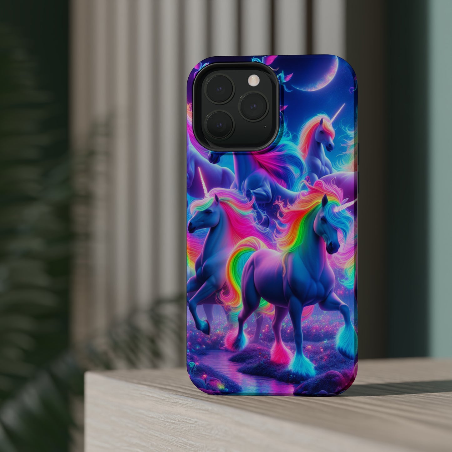 "Unicorn Prism" Neon Unicorns Premium Art Magsafe Magnet Tough IPhone 13 14 15 Pro Plus Max and Mini in Matte and Glossy Phone cases