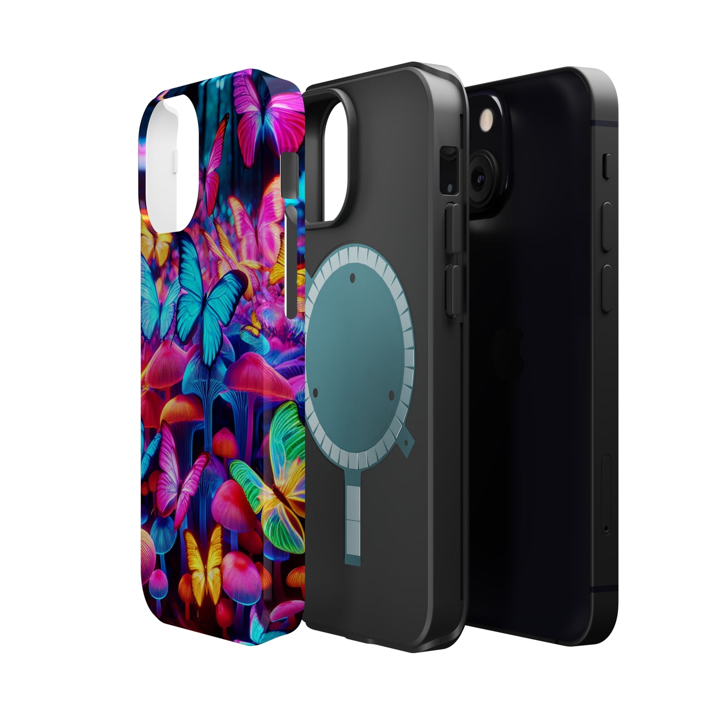 "Neon Tie-Dye Garden" Neon Butterflies and Mushrooms Premium Art Magsafe Magnet Tough IPhone 13 14 15 Pro Plus Max and Mini in Matte and Glossy Phone cases