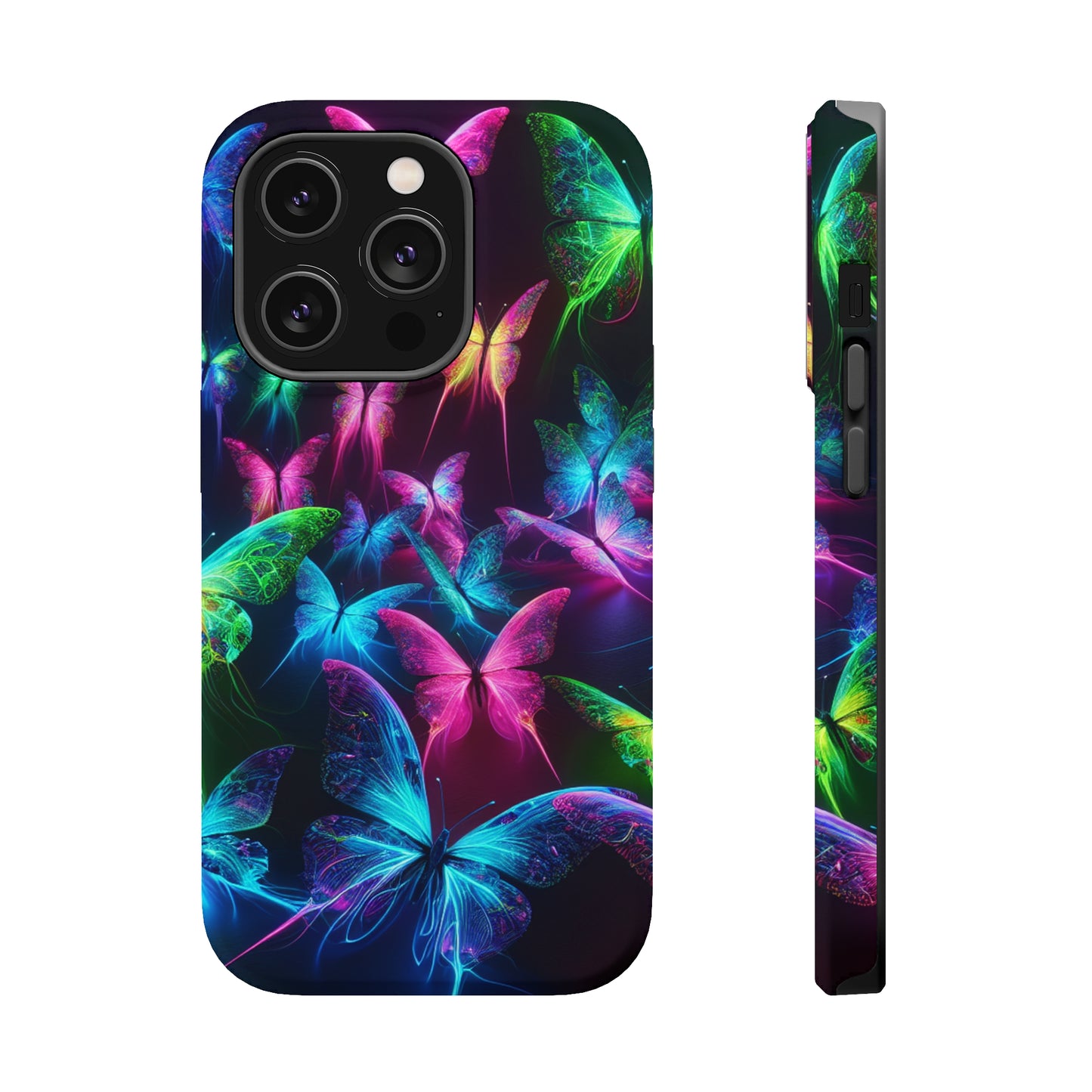 'Euphoria in Neon Flight' Neon Butterflies Premium Art Magsafe Magnet Tough IPhone 13 14 15 Pro Plus Max and Mini in Matte and Glossy Phone cases