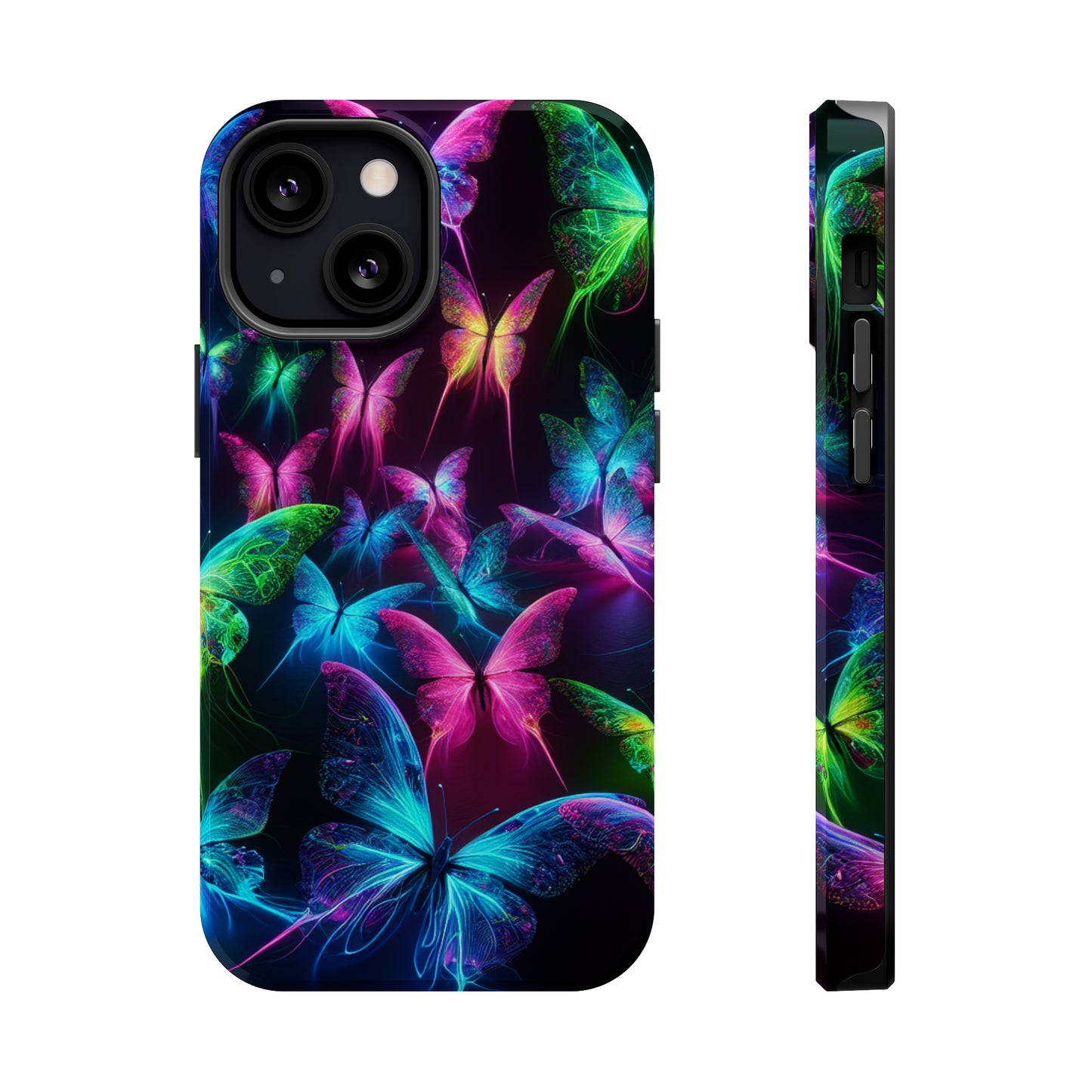 'Euphoria in Neon Flight' Neon Butterflies Premium Art Magsafe Magnet Tough IPhone 13 14 15 Pro Plus Max and Mini in Matte and Glossy Phone cases
