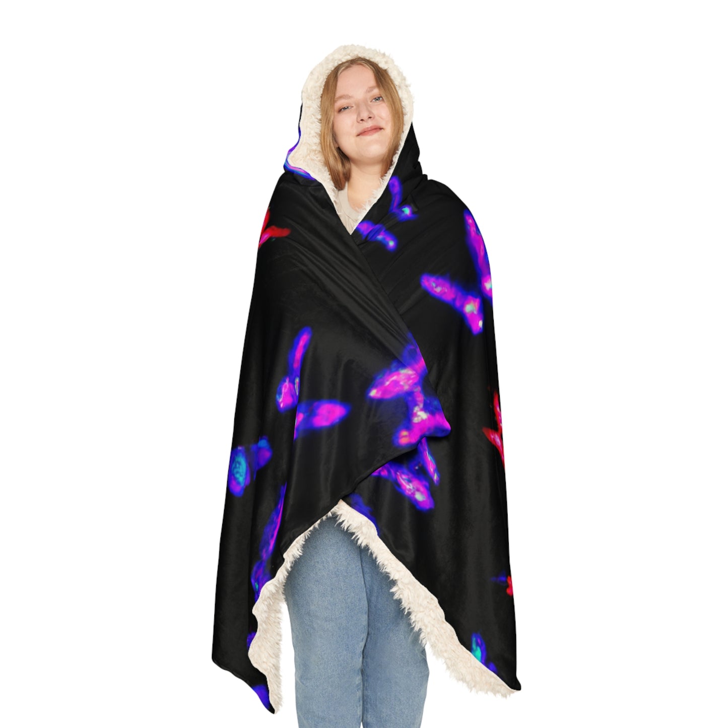 "Aurora of Neon Butterflies" - NEON Butterflies Art Hooded Snuggle Blanket