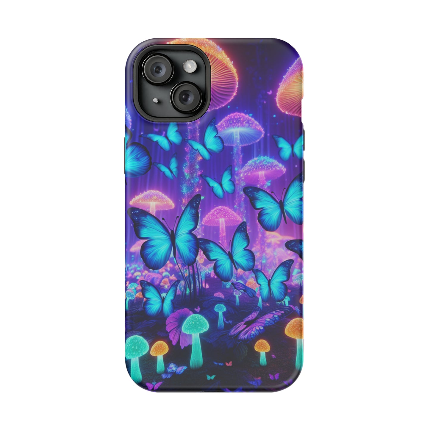 Neon Delight Landscape Neon Butterflies and Mushrooms Premium Art Magsafe Magnet Tough IPhone 13 14 15 Pro Plus Max and Mini in Matte and Glossy Phone cases