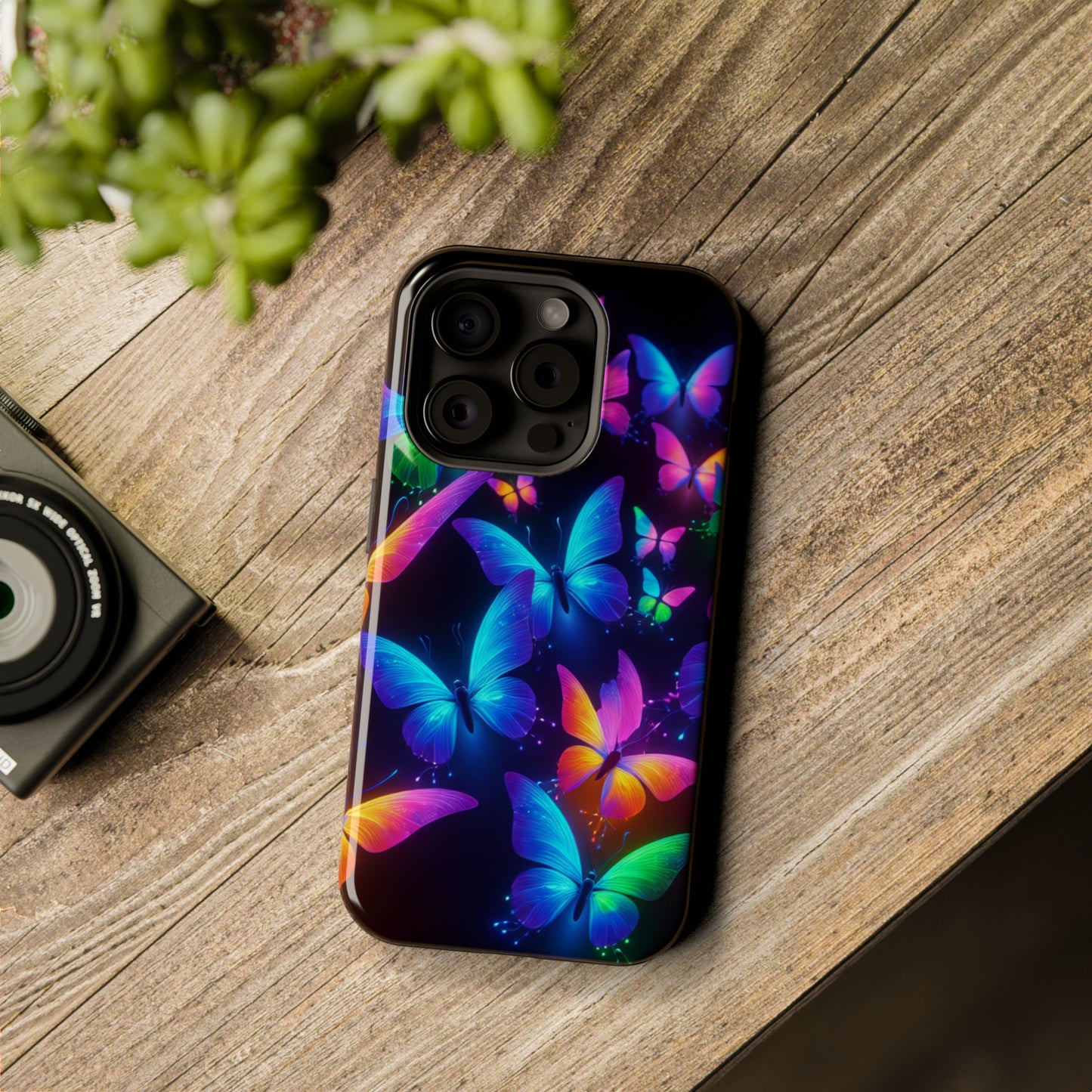"Vibrant Neon Flutter" Neon Butterflies Premium Art Magsafe Magnet Tough IPhone 13 14 15 Pro Plus Max and Mini in Matte and Glossy Phone cases