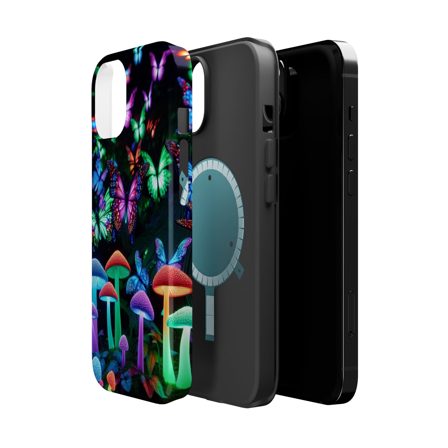 "Neon Burst Wonderland". Neon Butterflies and Mushrooms Premium Art Magsafe Magnet Tough IPhone 13 14 15 Pro Plus Max and Mini in Matte and Glossy Phone cases