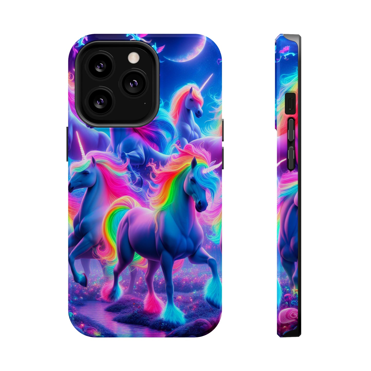 "Unicorn Prism" Neon Unicorns Premium Art Magsafe Magnet Tough IPhone 13 14 15 Pro Plus Max and Mini in Matte and Glossy Phone cases
