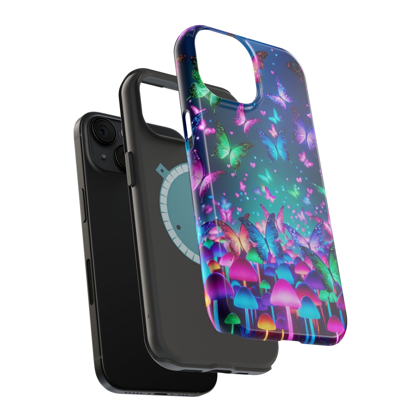 Neon Eden. Neon Butterflies and Mushrooms Premium Art Magsafe Magnet Tough IPhone 13 14 15 Pro Plus Max and Mini in Matte and Glossy Phone cases
