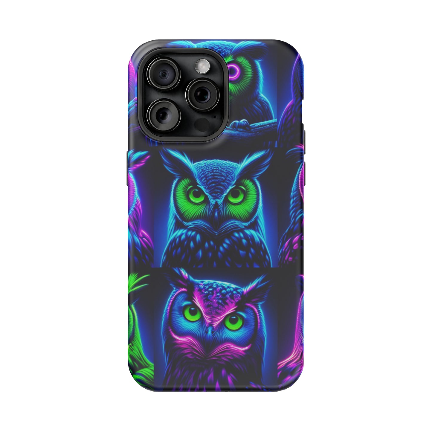 "Neon Nocturne" Neon Owls Premium Art Magsafe Magnet Tough IPhone 13 14 15 Pro Plus Max and Mini in Matte and Glossy Phone cases