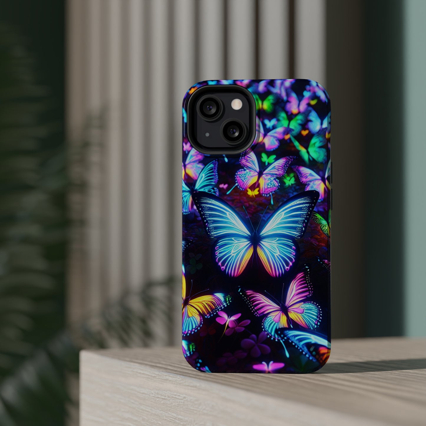"Neon Butterflies in the Night Sky" Neon Butterflies Premium Art Magsafe Magnet Tough IPhone 13 14 15 Pro Plus Max and Mini in Matte and Glossy Phone cases