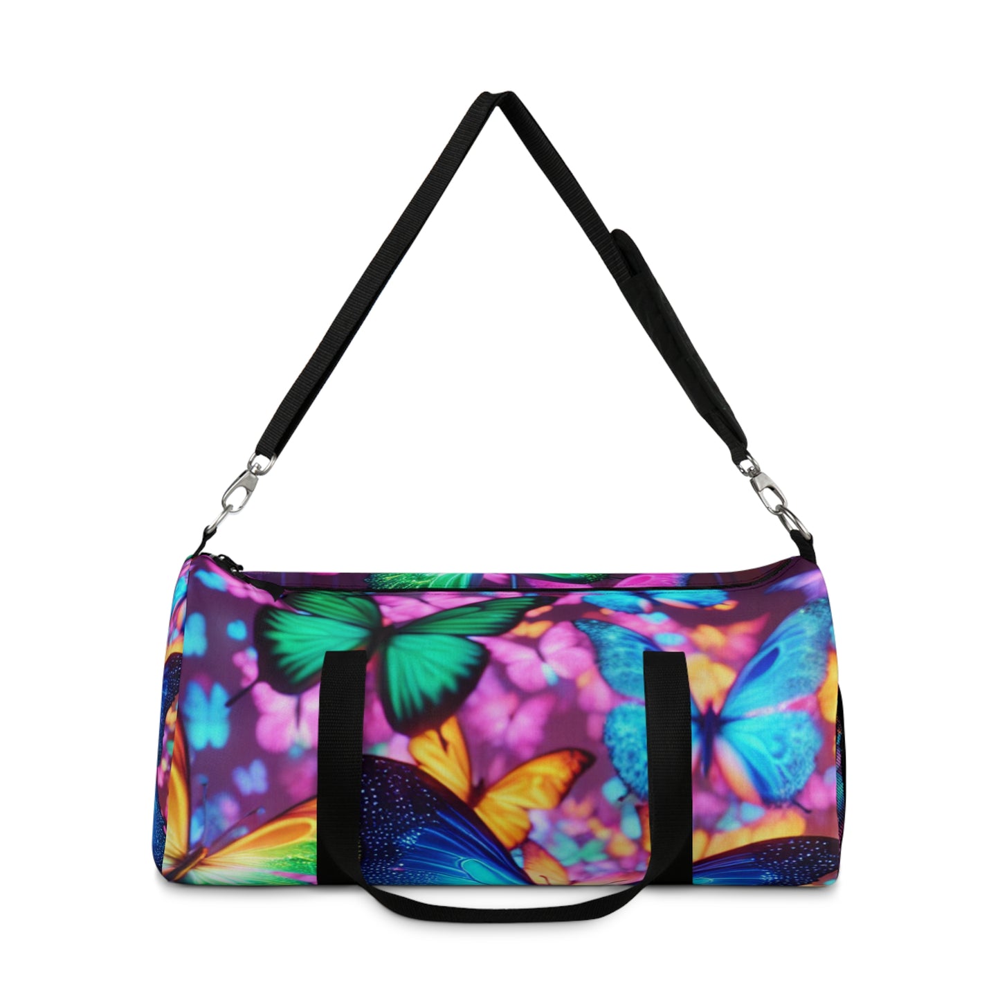 "Illuminated Flutter" - Neon Butterflies Duffle Bag