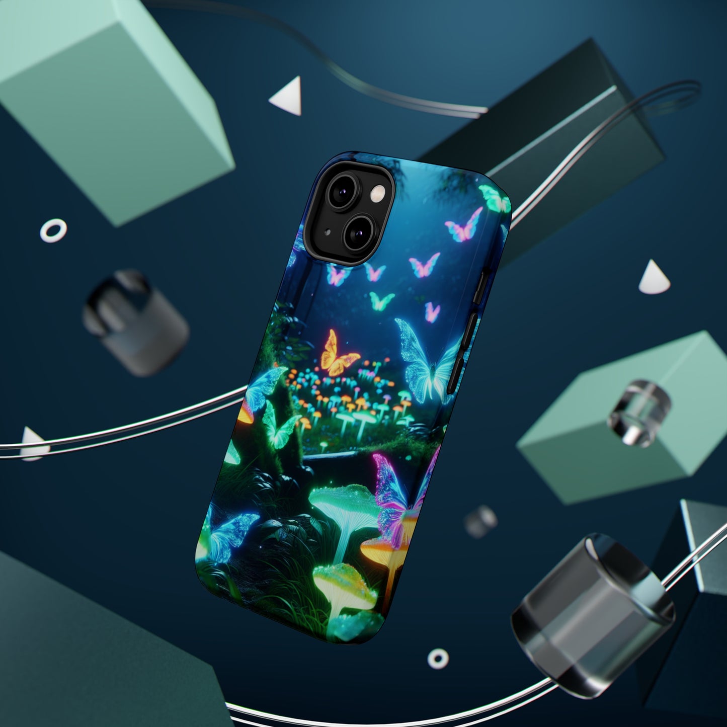 "Neon Meadow" Neon Butterflies and Mushrooms Premium Art Magsafe Magnet Tough IPhone 13 14 15 Pro Plus Max and Mini in Matte and Glossy Phone cases