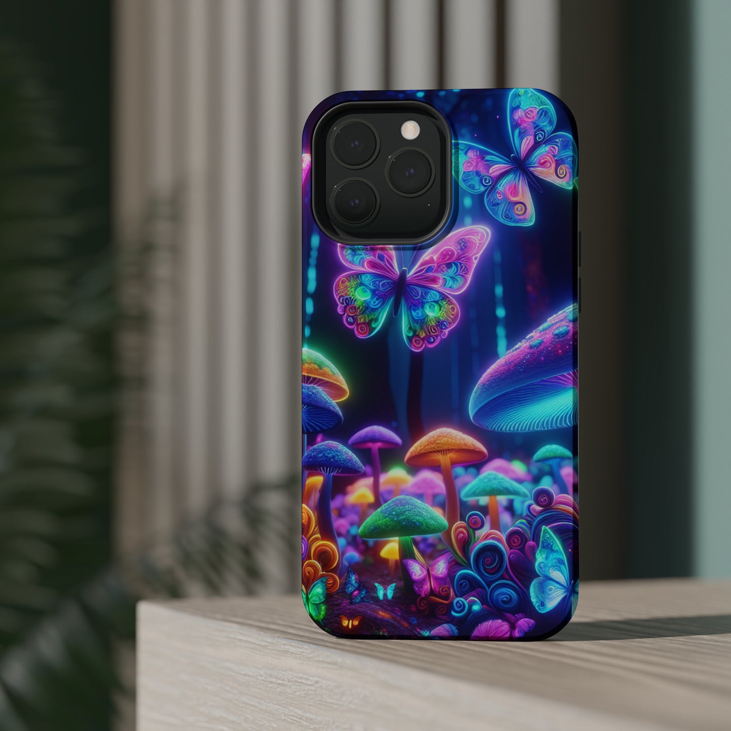 Neon Ecstasy. Neon Butterflies and Mushrooms Premium Art Magsafe Magnet Tough IPhone 13 14 15 Pro Plus Max and Mini in Matte and Glossy Phone cases