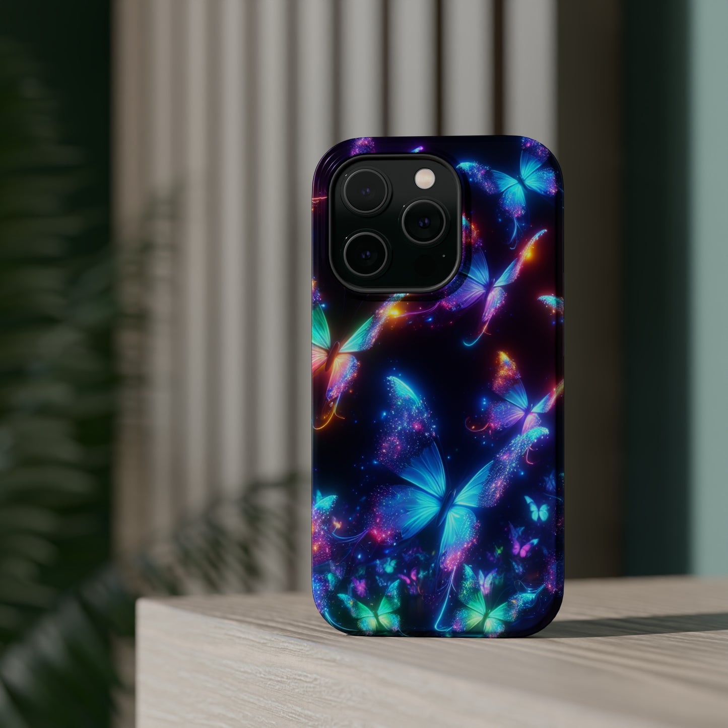 "Electrically Vivid Reverie" Neon Butterflies Premium Art Magsafe Magnet Tough IPhone 13 14 15 Pro Plus Max and Mini in Matte and Glossy Phone cases