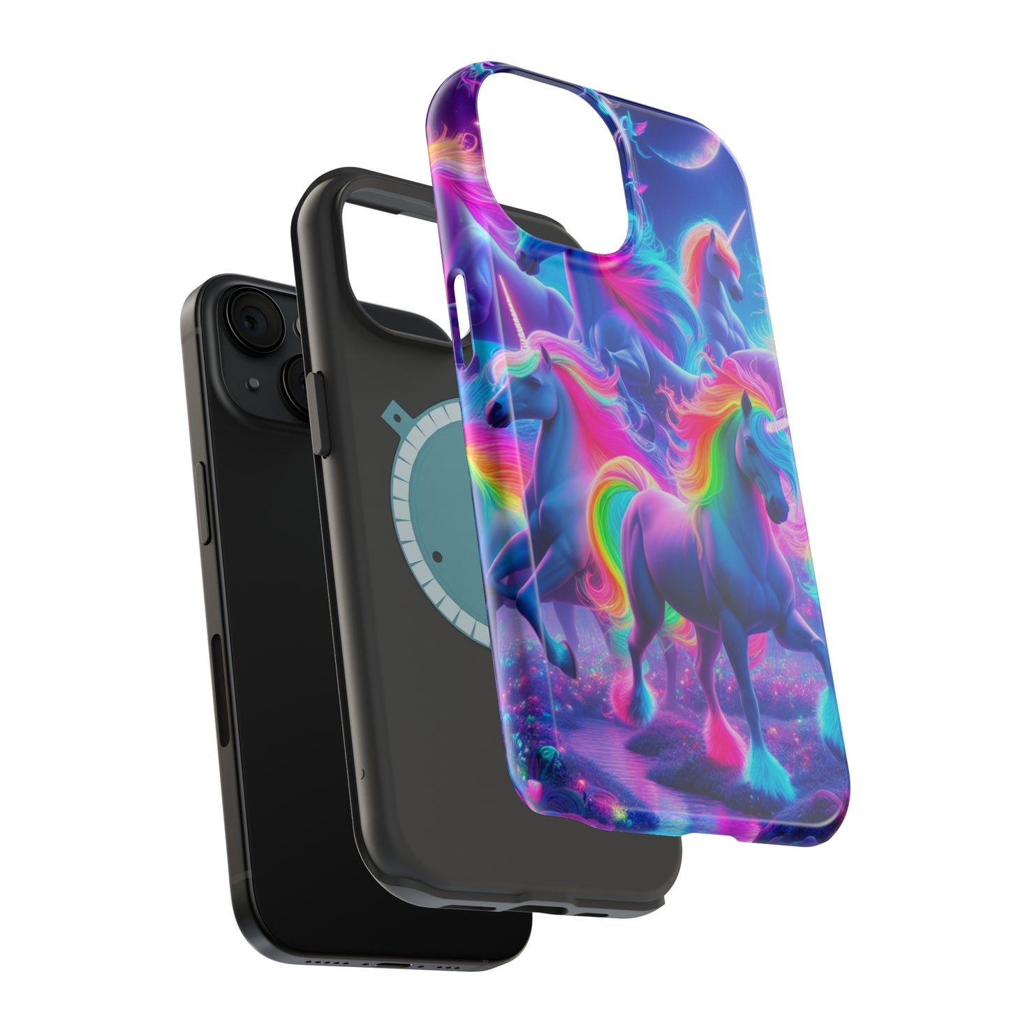 "Unicorn Prism" Neon Unicorns Premium Art Magsafe Magnet Tough IPhone 13 14 15 Pro Plus Max and Mini in Matte and Glossy Phone cases