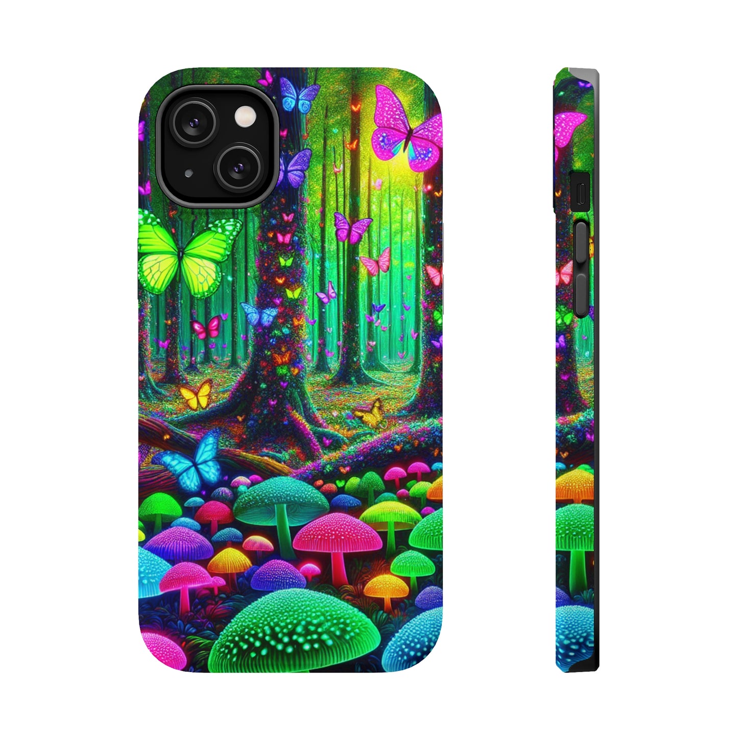 "Neon Garden Symphony". Neon Butterflies and Mushrooms Premium Art Magsafe Magnet Tough IPhone 13 14 15 Pro Plus Max and Mini in Matte and Glossy Phone cases