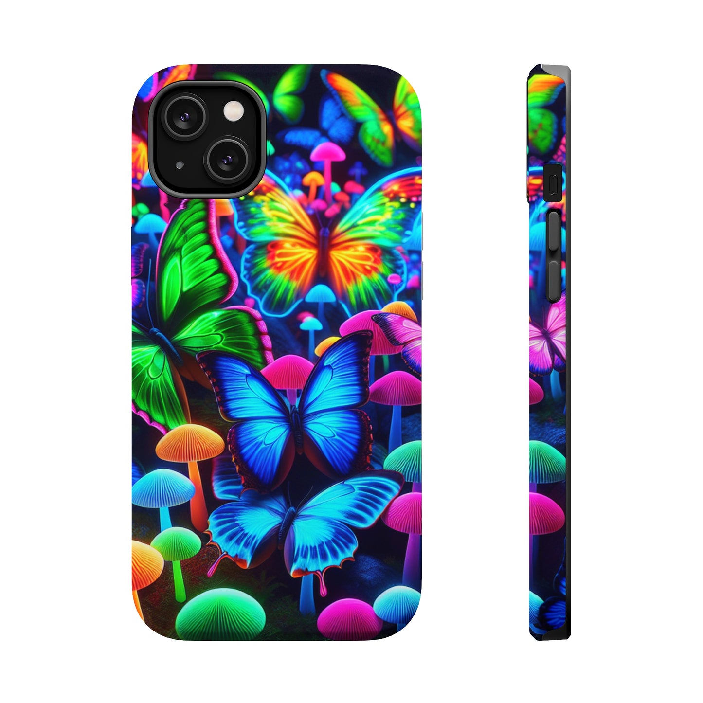 "Fantastic Fruition" Neon Butterflies and Mushrooms Premium Art Magsafe Magnet Tough IPhone 13 14 15 Pro Plus Max and Mini in Matte and Glossy Phone cases