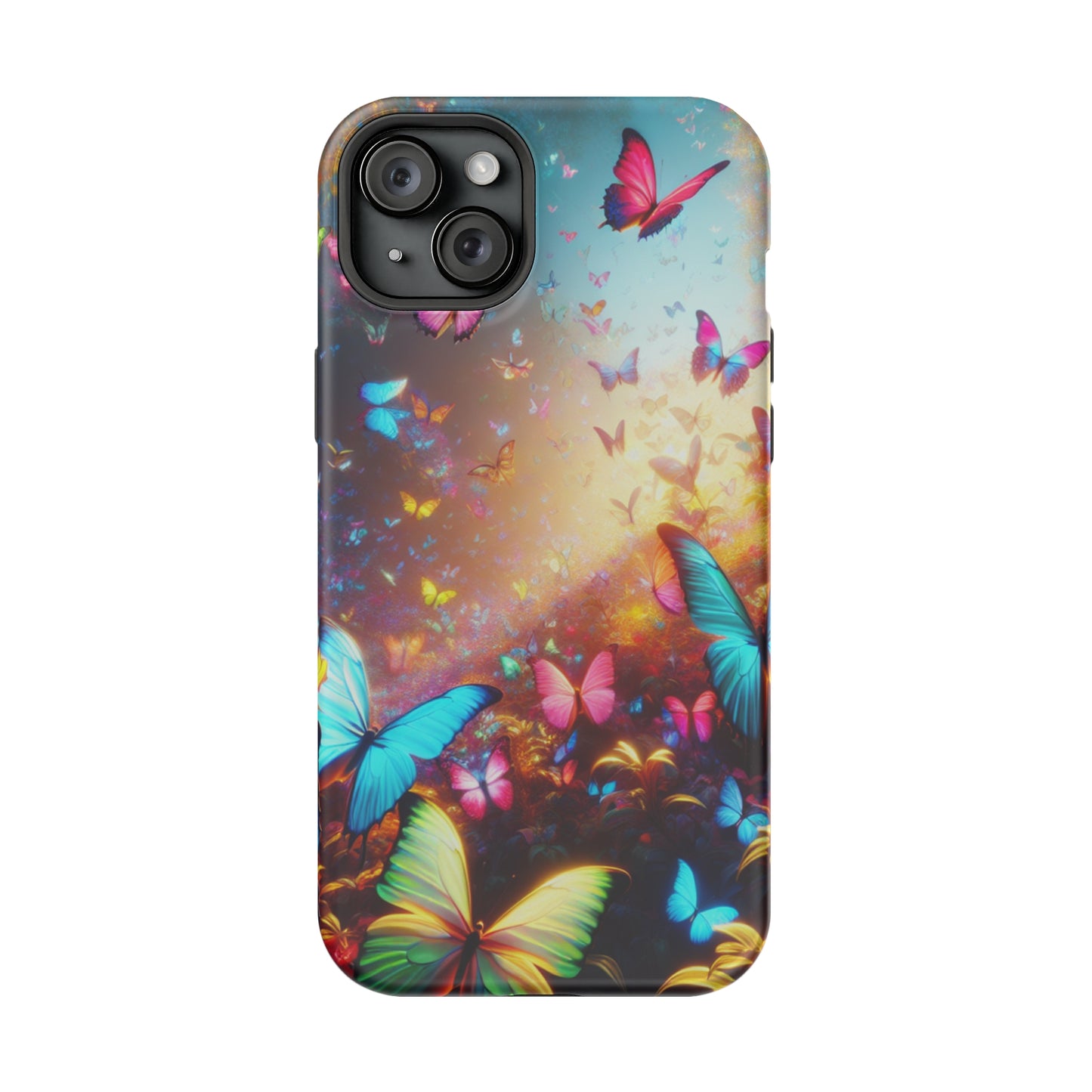 "Neon Butterfly Blooms" Neon Butterflies Premium Art Magsafe Magnet Tough IPhone 13 14 15 Pro Plus Max and Mini in Matte and Glossy Phone cases