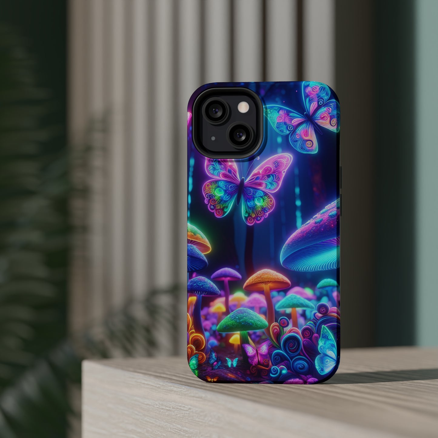 Neon Ecstasy. Neon Butterflies and Mushrooms Premium Art Magsafe Magnet Tough IPhone 13 14 15 Pro Plus Max and Mini in Matte and Glossy Phone cases